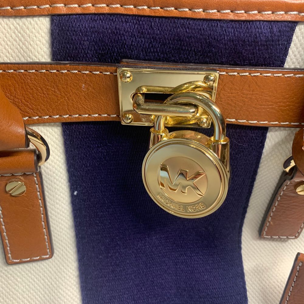 Michael Kors Hamilton Satchel Navy and Cream Stripe Canvas/Leather Shoulder Bag - Picture 4 of 16